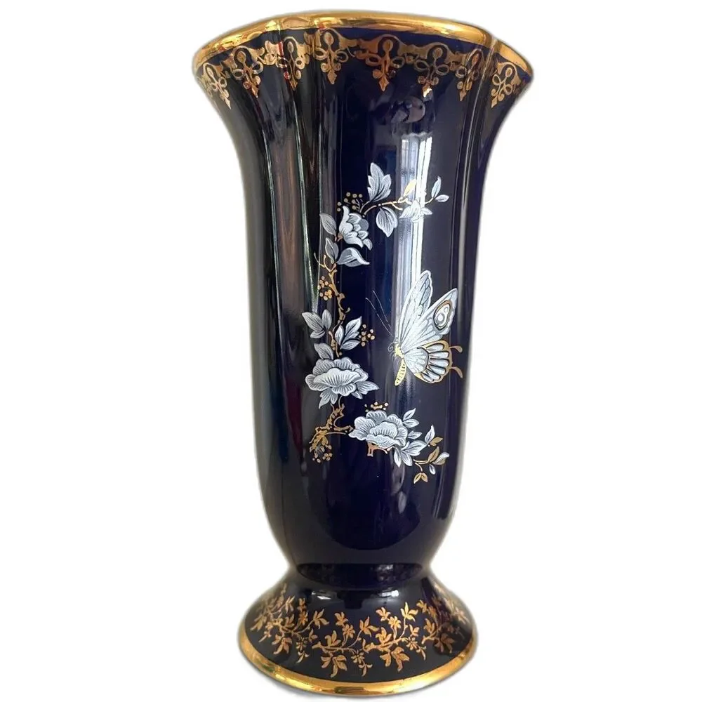 VTG Limoges France Cobalt Blue & Gold Butterfly Floral Vase Diffuse Par Valette